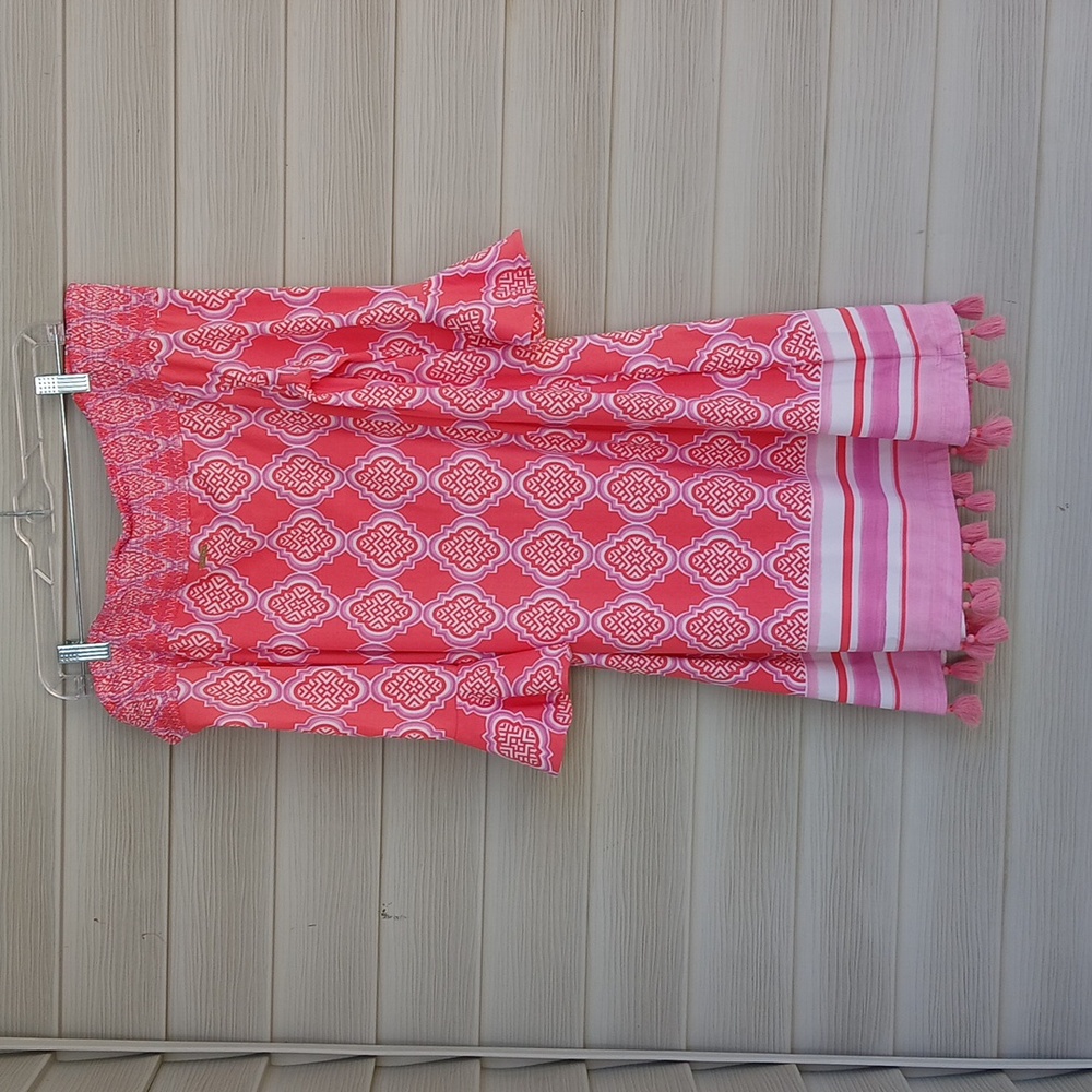$158 Cabana Shift Pink Off-Shoulder Dress with Tassels - Picture 6 of 6